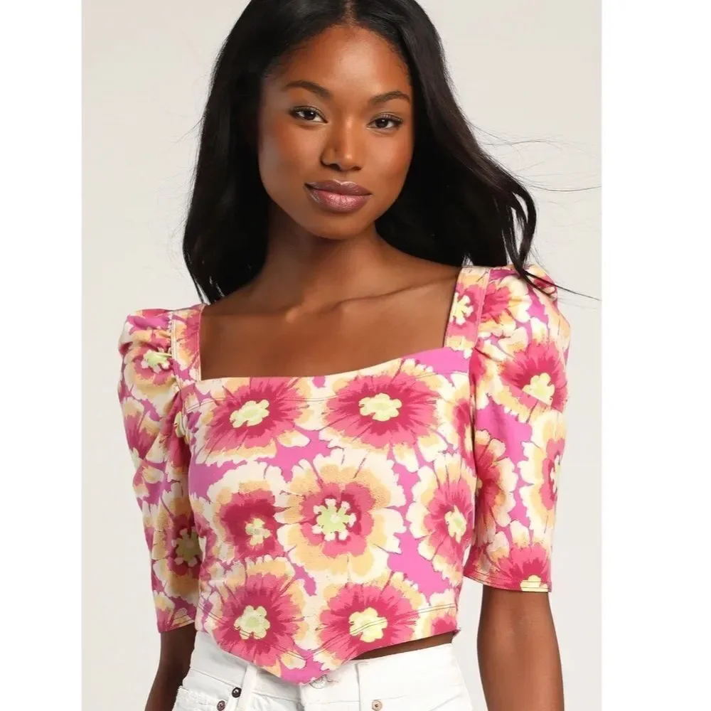 FREE PEOPLE Give Me‎ More Floral Crop Top Puff Sleeve Crisscross Back Small